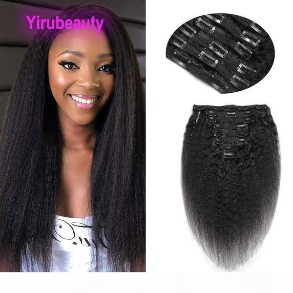 

indian virgin hair clip in hair extensions kinky straight 120g lot human hair products mink yirubeauty 120g per set, Black;brown