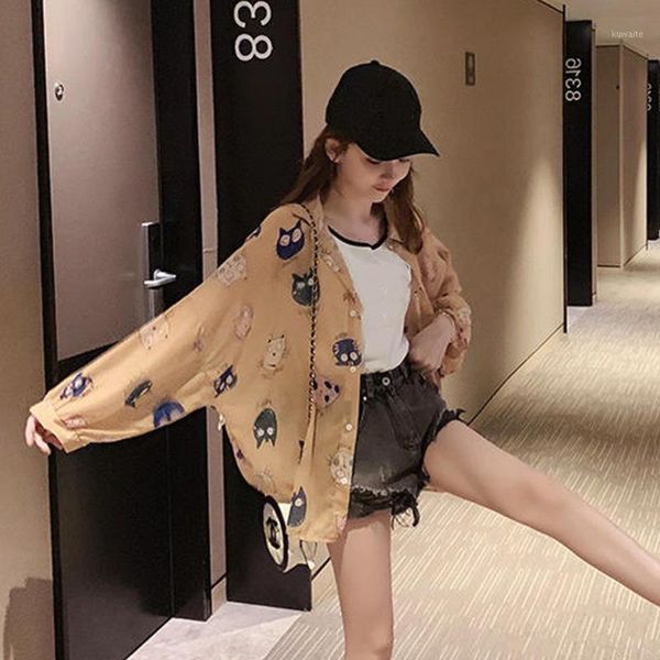 

turn down collar slim shirt women long sleeve irregular hem shirts office lady 2020 new spring autumn cartoon printed female1, White