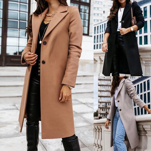 

women trench coat fashion fall winter casual vintage long coats overcoats single elegant womens long coats breasted outwear, Black