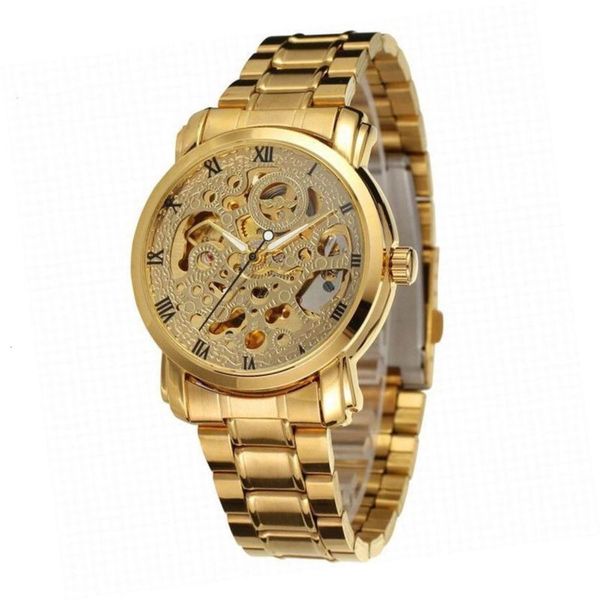 

band men's gold hollow winner out steel roman character automatic mechanical watch 20211f8g, Slivery;brown