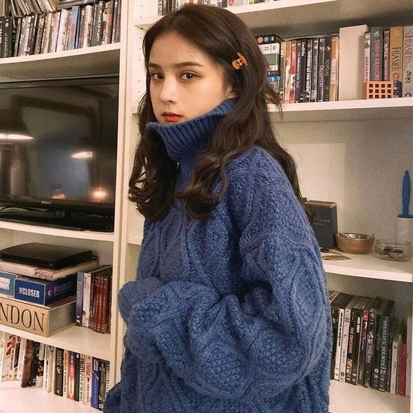 

2021 new solid-colored thick collar high female sweater student fall and lazy winter wind loose knitted jacket 6fd1, White;black