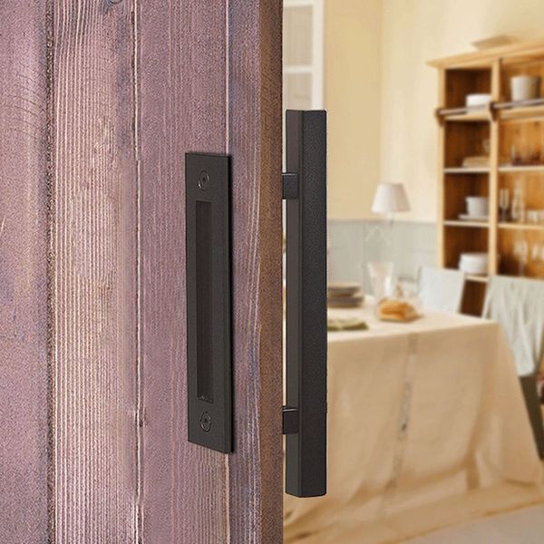

12\" sliding barn door handle pull and flush hardware set, flat back-plate design