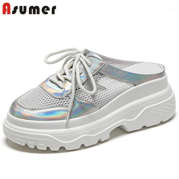 

asumer 2020 genuine leather shoes women slipper round toe mesh cross tied comfortable flat platform slipper woman1, Black