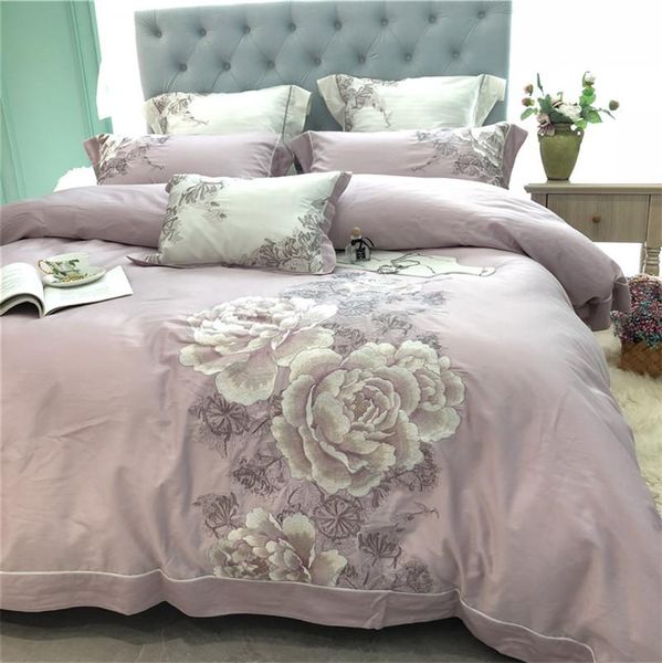 

bedding sets 80s egyptian cotton light purple luxury classical flower embroidery set duvet cover bed sheet linen pillowcases 4pcs