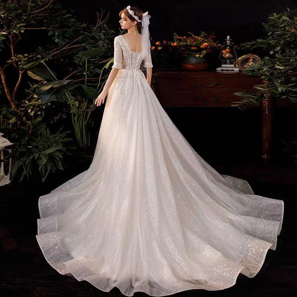 

2021 new wedding dress cleavage on mari e's robe half sleeve dressed as a bride's party ewzb, Blue;red