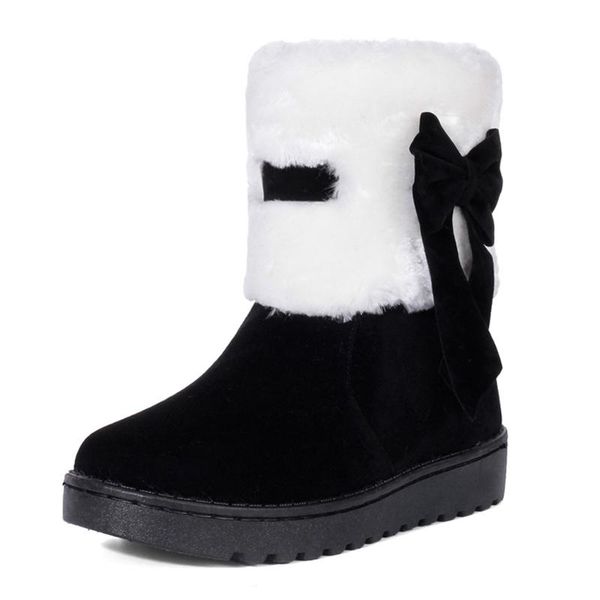 

bowknot camel winter snow boots mid-calf faux fur plush warm and comfortable women's boots frosted suede burgundy warm shoes, Black