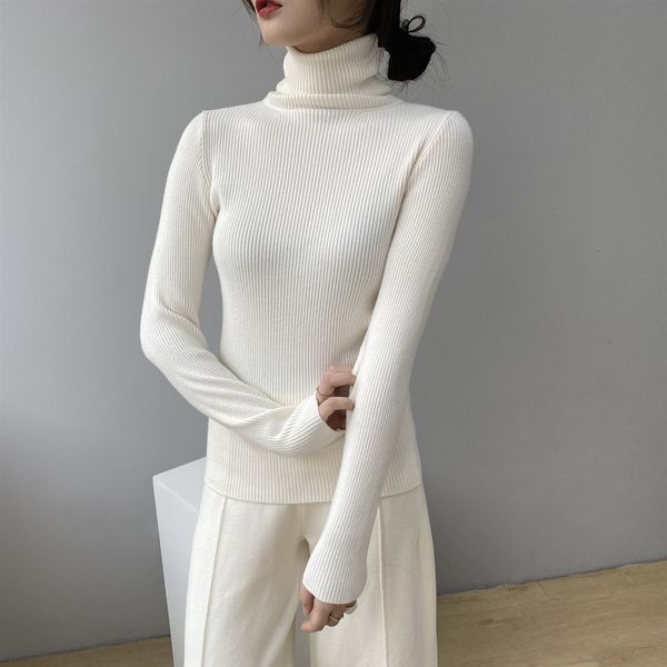 

2021 new autumn turtleneck long sleeve women warm sweater pure color winter thick pullovers pull femme 3v76, White