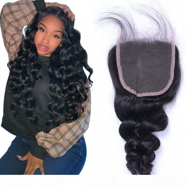 

4x4 lace closure 130% density malaysian loose wave closure middle three part closure remy human hair, Black;brown