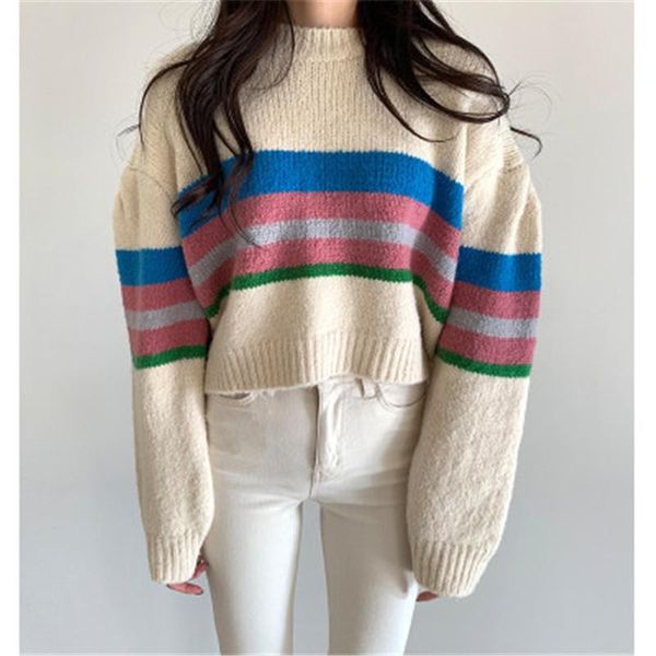 

chic patchwork striped crewneck winter sweaters elegant knitted comfort soft pullovers women's jumpers 2020 winter fashion, White;black