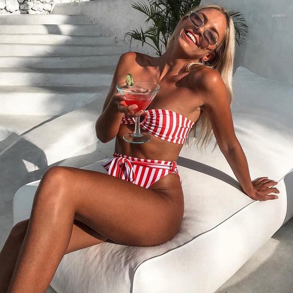 

striped off shoulder swimsuit women high waist bikinis bandeau bikini push up bathing suit women female beach swim suit1, White;black