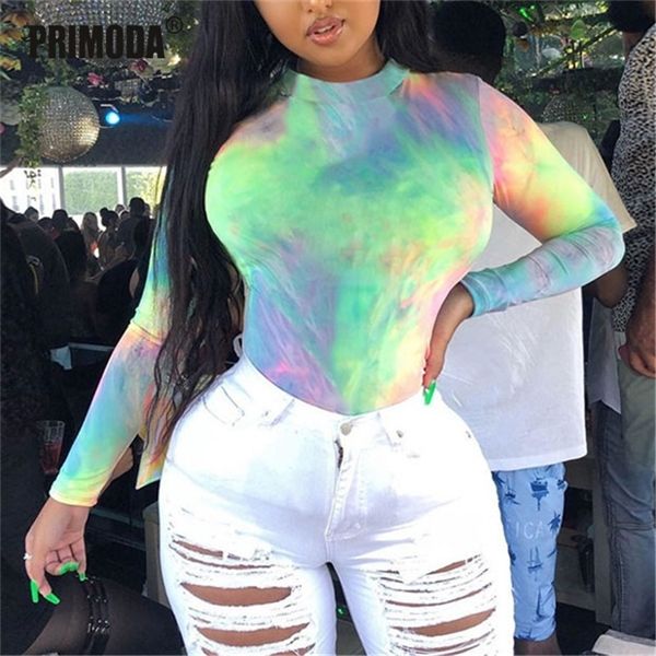 

2020 autumn women bodysuits colorful tie dye rainbow print body long sleeve romper skinny streetwear fit pr850g q1219, Black;white