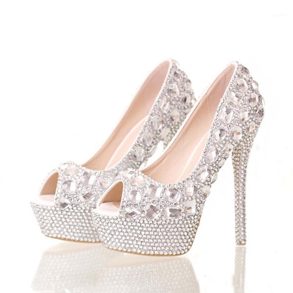 

handmade elegant high heel stilettos bridal shoes silver diamond wedding shoes peep toe platforms rhinestone prom party1, Black