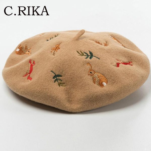 

berets korean mori squirrel leaves embroidered 100% wool beret autumn winter women girls fashion warm artist hat, Blue;gray