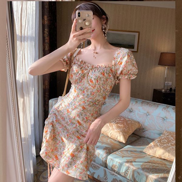 

2021 sweet new summer floral female impression chiffon girl short sleeve korean pleated mini dress 7tuf, Black;gray