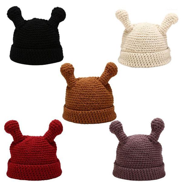 

women winter crochet knitted beanie hat solid color cute cartoon tentacle antenna harajuku student leisure cuffed skull cap1, Blue;gray