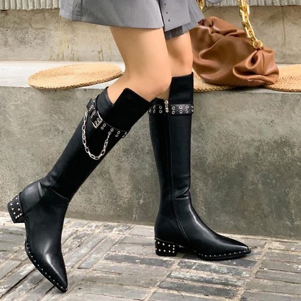 

boots womens pointy toe genuine leather knee thigh high rivet metal chain punk motorcycle chunky heel riding shoes warm winter, Black