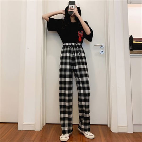

2021 new spring autumn black and white plaid pattern wide-waist leg high-loose thin tube straight retro floor pants stcq, Black;white
