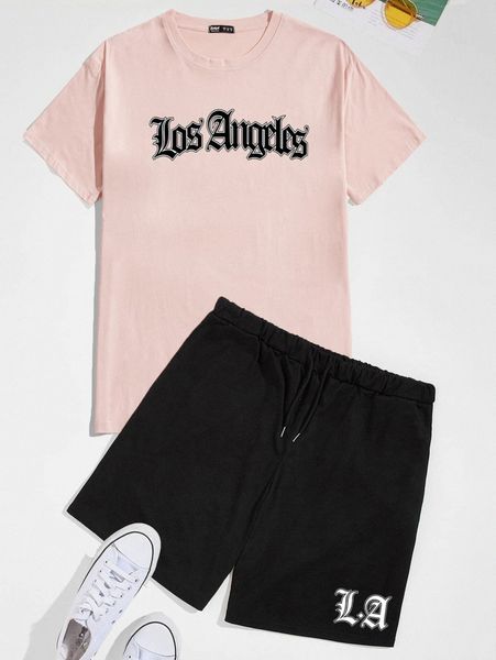 

romwe guys letter graphic tee & shorts b31b#, Gray