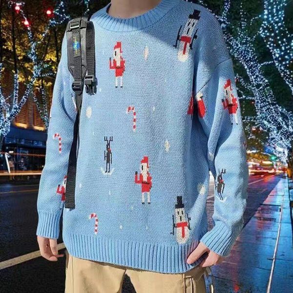 

men's sweaters christmas sweater 2021 autumn winter loose style couple knitted pullovers japanese santa claus elk pattern, White;black