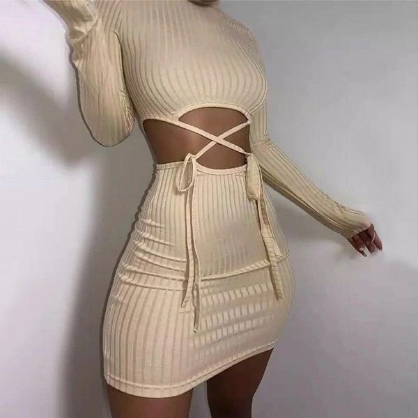 

2020 full sleeve hollow out ribbed bodycon unique sling club streetwear dress