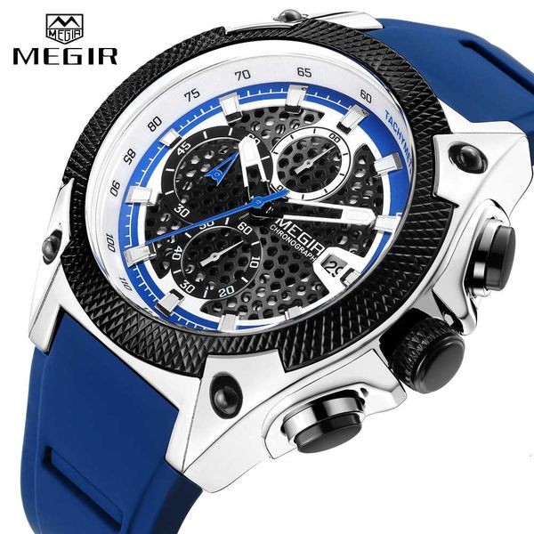 

relogio megir new men's sports watch silicone strap chronograph men's luminous waterproof quartz clock satch calendar, Silver