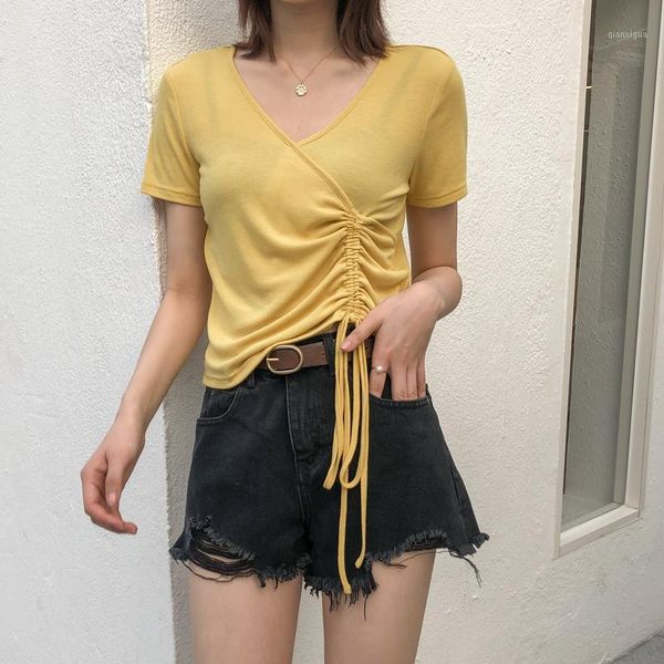 

five color optional drawstring short short sleeve t-shirt for women design feeling summer 2020 new1, White