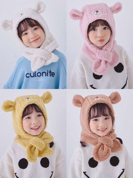 

new winter cashmere integrated cap plush ear children's protection warm hat scarf 2-piece set, Red;brown