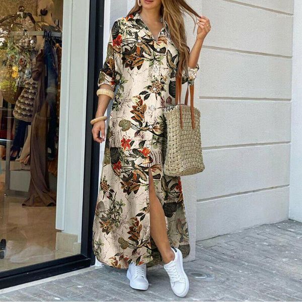 

autumn women dress long sleeve flowers leopard camo print split hem maxi shirt dress plus size 3xl fashion vestidos for female1, Black;gray