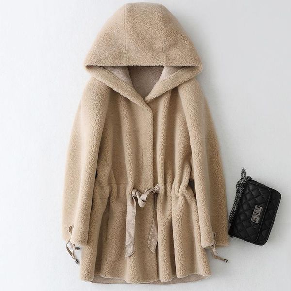 

2021 new winter women real wool fur coat female natural sheep shearing jacket lady button hooded mid-long overcoats t17, Black