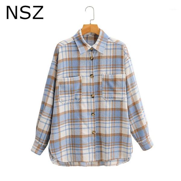 

nsz women oversized plaid blouse fall fashion checked shirt long sleeve turn down collar overshirt ladies coat blouse blusa1, White