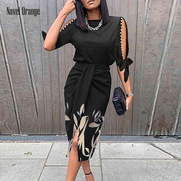

summer women short sleeve hollow out bow party dress slim o-neck slit printed ladies dress plus size 3xl streetwear dropshipping, Black;gray