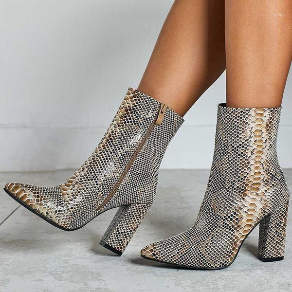 

snakeskin pointed toe women ankle boots side zip high chunky heel1, Black