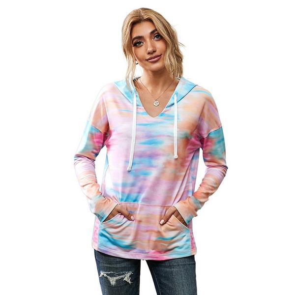 

tie dye printing women pullovers 2020 new arrival full sleeve lady hoodie v-neck casual loose hooded collar female sweatshirt, Black
