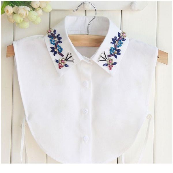

women autumn chiffon detachable fake collar colorful faux diamond crystal floral lapel half blose decorative fal qylhqo, Blue;red