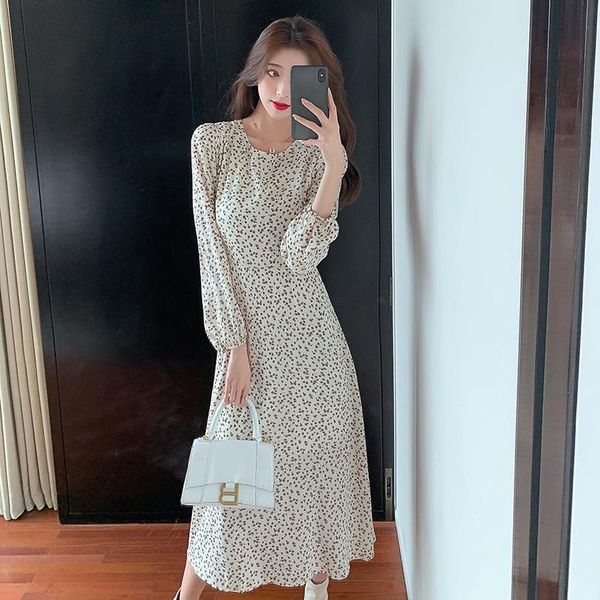 

floral chiffon long dress shirt spring 2021 one piece vintage boho clothing thick winter casual female maxi robe, Black;gray