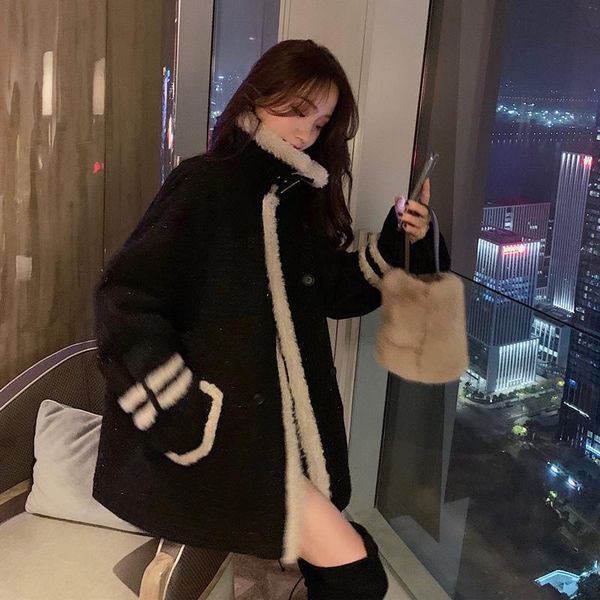 

women's wool & blends korean winter coat woolen jacket casual plus velvet thick long loose spliced all-match small fragrance style, Black