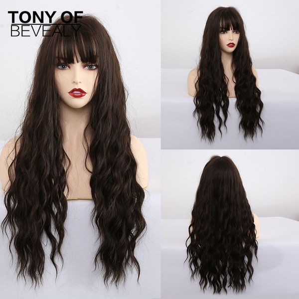 

lans synthetic water wave wigs with bangs natural curly dark brown wigs for women cosplay wigs heat resistant fiber, Black