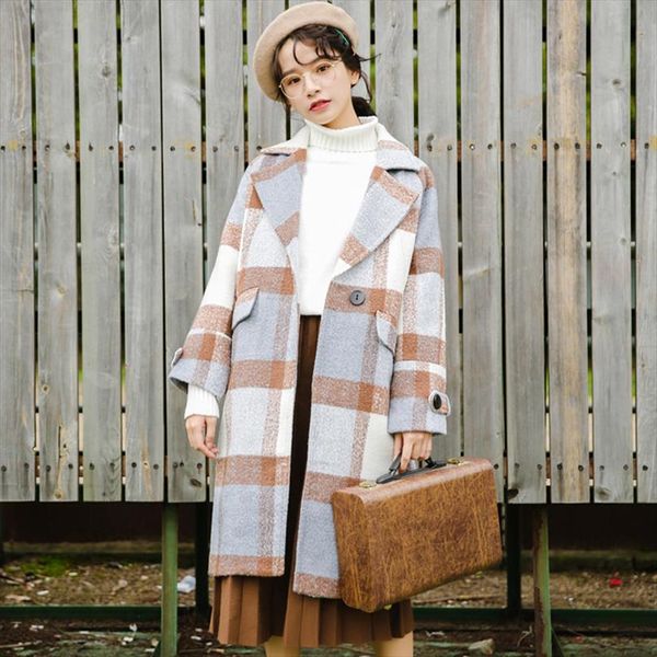 

new autumn women cashmere trench jacket casual plaid turn down collar long coat thickness warm button pocket jackets, Black