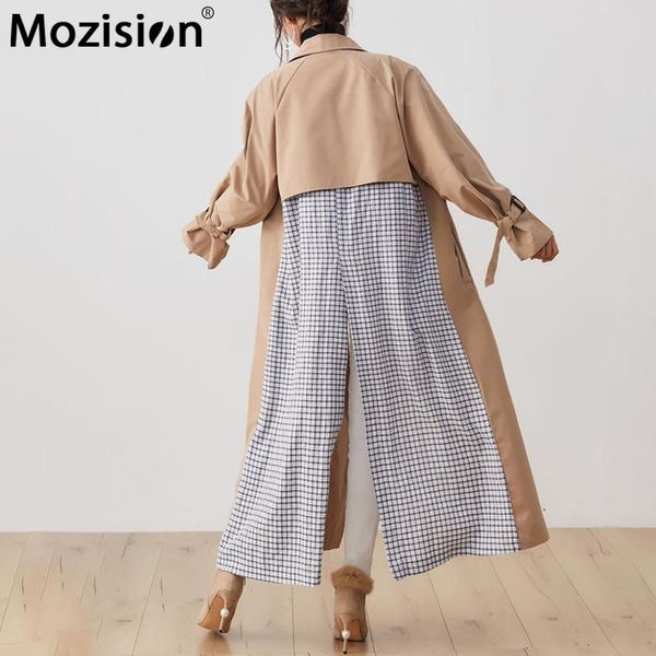 

mozision patchwork notched collar trench coat women double breasted long sleeve long coat 2020 winter new casual windbreaker, Tan;black