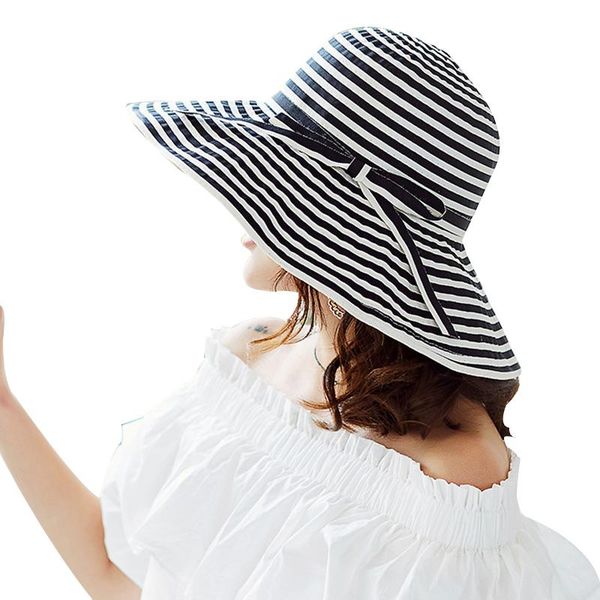 

new wide brim beach hats ladies floppy summer hat fashion striped sun cap for women summer caps for girls foldable e, Blue;gray