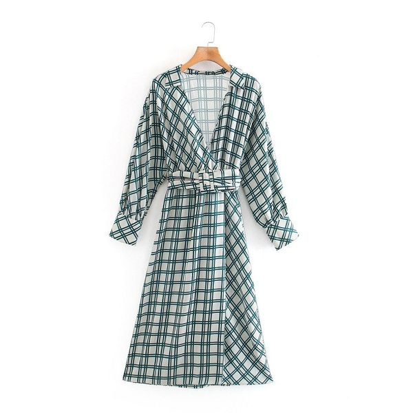 

2021 new plaid woman women elegant tie dye print ladies dresses summer lapel collar v-neck long sleeves midi dress yowi, Black;gray