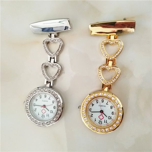 

new women man diamond pocket nurse watches doctor clock pin brooch zircon crystal strass rose gold heart fob nurse watch, Slivery;golden