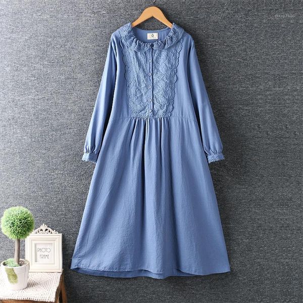 

2020 new autumn winter women dress japan style mori girl lace turndown collar embroidery cotton linen solid color loose dress1, Black;gray