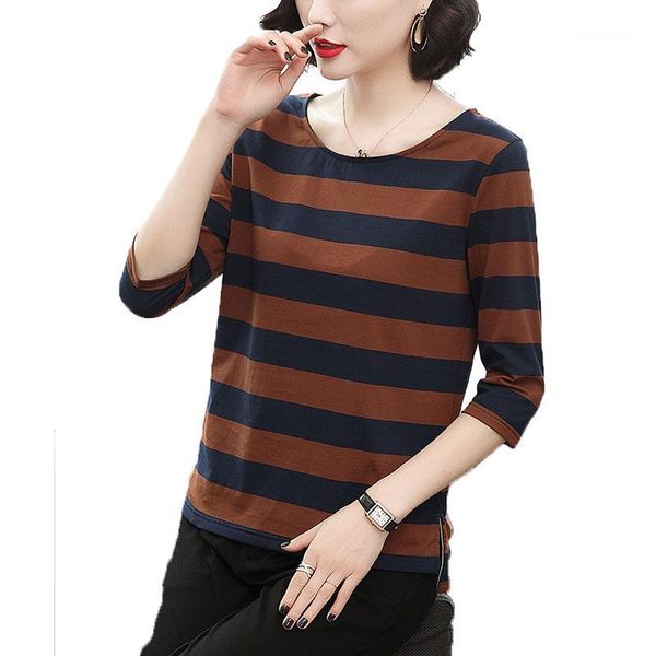 

new 2020 spring autumn t-shirt middle-aged women's seven points sleeve tee shirts crew neck stripe casual primer shirt 4xl1, White