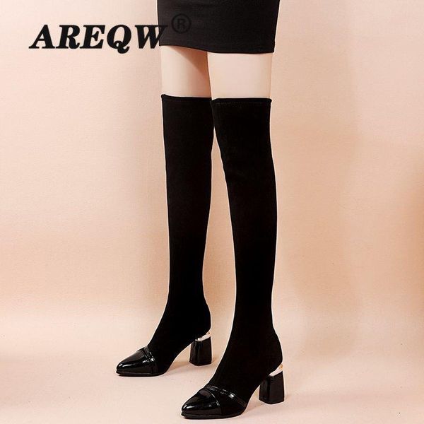 

winter over the knee boots women stretch fabric women thigh high woman shoes long bota feminina, Black