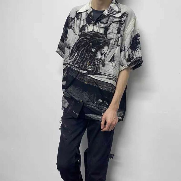 

men's casual shirts kapital indian graffiti print loose trend short sleeve shirt for hawaiian leisure vacation men and women, White;black