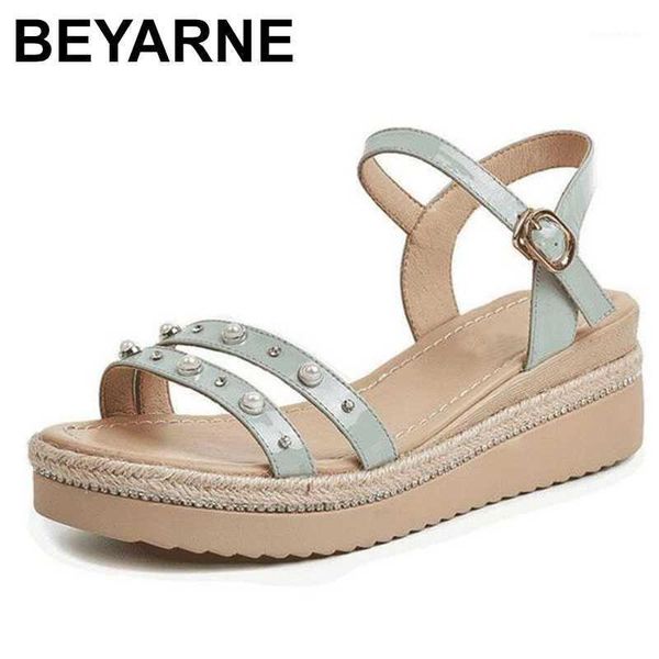 

sandals beyarne summer open shoes woman rhinestone pearl decoration genuine leather women fashion non-slip wedge1, Black
