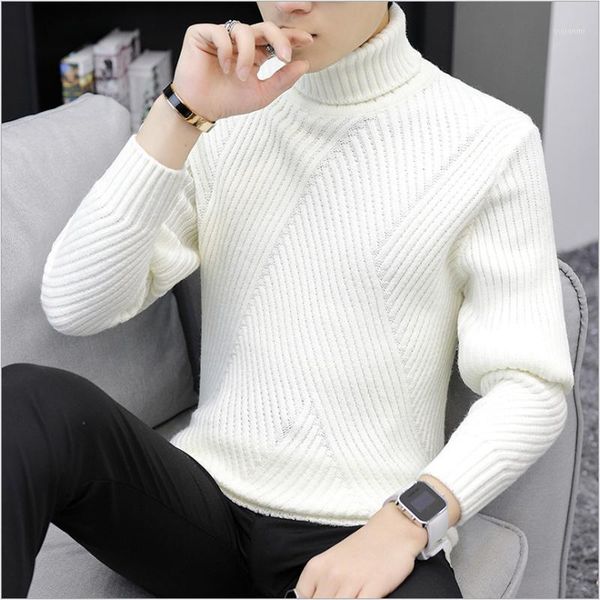 

asian size autumn new men's irregular striped turtleneck sweater pullover male slim fit knitted sweaters1, White;black