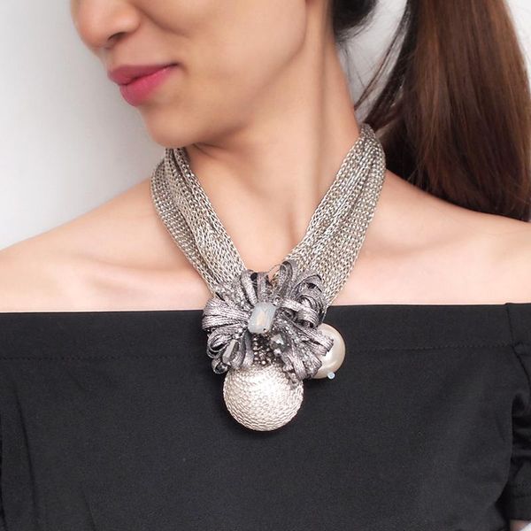 

chokers big imitation pearl pendants necklaces for women crystal beads flower ball statement necklace handmade jewelry, Golden;silver