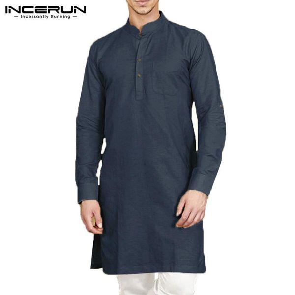 

incerun casual men shirt stand collar long sleeve button cotton vintage men long shirt clothes solid color 2020, White;black